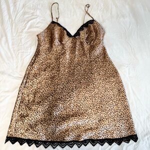 Leopard Satin Slip Dress with Black Lace Trim Lingerie
